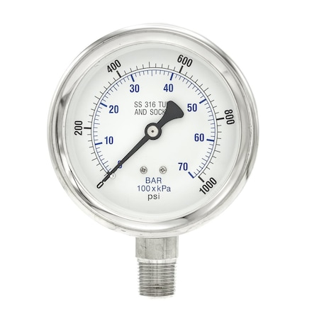 Pic Gauges 4 in Dial, 1/2 in NPT Male Lower Location, Stainless Steel Case Material PRO-301D-402M-01